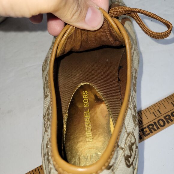 Michael Kors Womens Sz 9.5 M Brown MK Monogram Canvas Beige Sneakers Preppy Gold - Picture 13 of 14